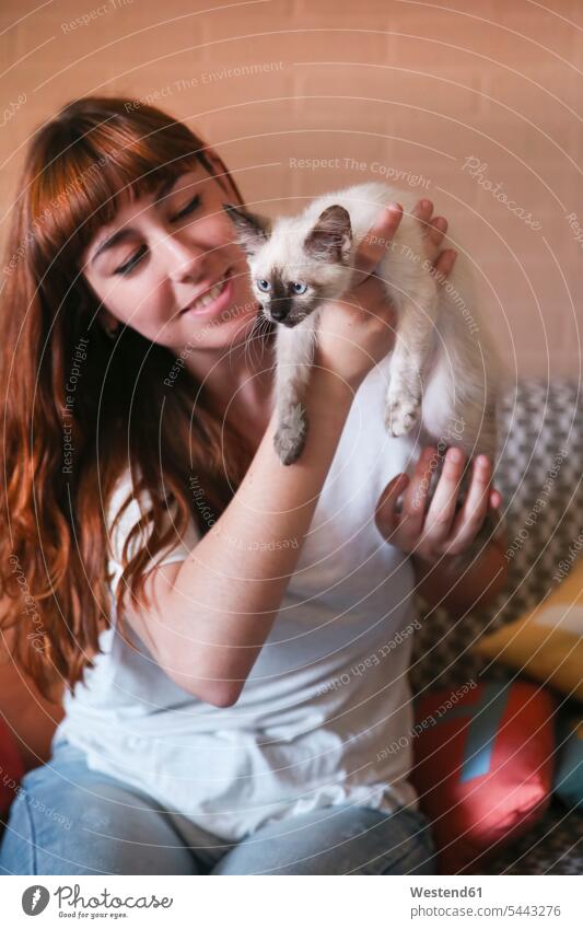 Junge Frau mit Kätzchen zu Hause weiblich Frauen Katze Katzen Portrait Porträts Portraits Erwachsener erwachsen Mensch Menschen Leute People Personen Haustier