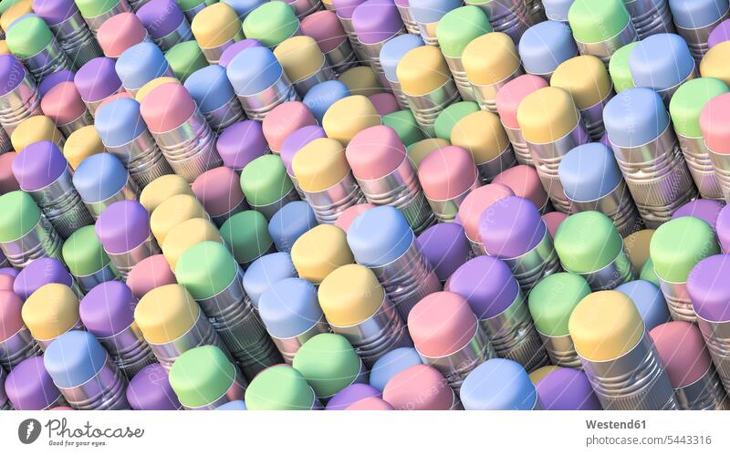 Bunte Radiergummis an den Bleistiftenden, 3D-Wiedergabe Gruppe Unterschied Fülle verschieden Ähnlichkeit Konzept unterschiedlich farbig Ausschnitt korrigieren
