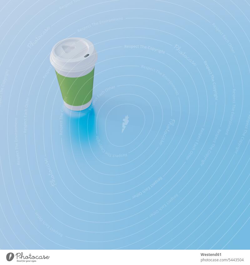 Coffee to go-Tasse auf hellblauem Grund, 3D-Rendering Idee Ideen Eingebung unterwegs auf Achse in Bewegung Design Verpackung Verpackungen Kaffee Umweltbelastung