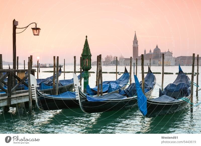 Italien, Venedig, Gondeln vor San Giorgio Maggiore typisch Holzpfahl Holzpfaehle Holzpfähle Sehenswürdigkeit Sehenwürdigkeiten sehenswert Wasser Boot Boote