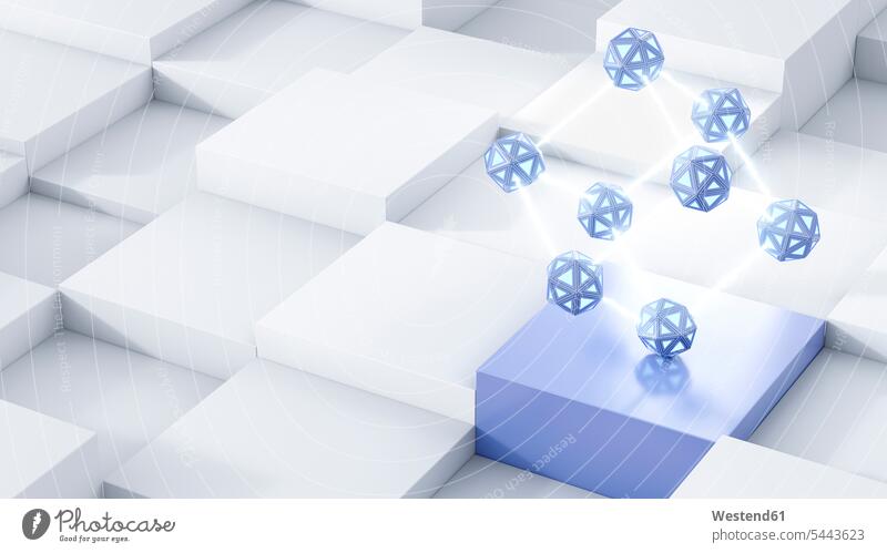 Energiewürfel, 3D-Wiedergabe Technik Techniken Technologie Zukunft weiß weißes weißer weiss dreidimensional 3-D 3-d Stromfluss Stromversorgung Polyeder