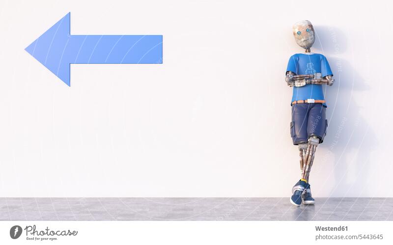 An eine Wand gelehnter Roboter mit Pfeil, 3D-Rendering Arme verschränkt Arme gekreuzt verschränkte Arme Pause Pfeilzeichen Pfeile Ziel Ziele Ganzkörperansicht