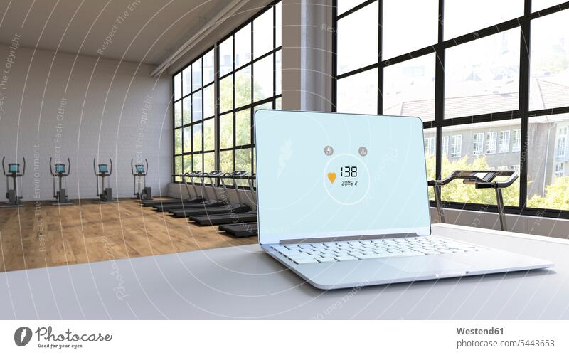 Herzfrequenz auf Laptop auf dem Dachboden mit Trainingsgeräten, 3D-Darstellung Konzept konzeptuell Konzepte Trainieren Übung Üben Übungen Puls WLan Wireless Lan