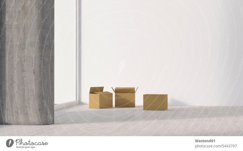 Pappkartons im leeren Raum Idee Ideen Eingebung Schachtel Schachteln Veränderung Wandel Veränderungen Änderungen ändern verändern Zimmer Räume Kiste Kisten Box