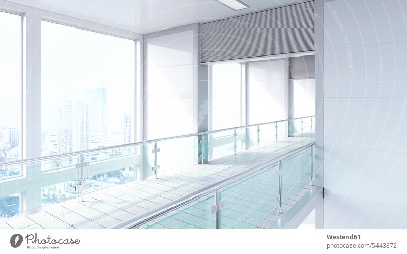 Leerer Durchgang in einem modernen Bürogebäude, 3D-Rendering weiß weißes weißer weiss Innenaufnahme drinnen Innenaufnahmen Tag am Tag Tageslichtaufnahme