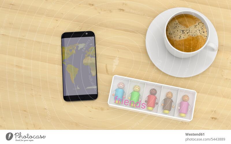 Rassenübergreifende Schaufensterpuppen auf einem Schreibtisch mit Tasse Kaffee und Smartphone Freundschaft Freunde Kameradschaft Telekommunikation e-commerce