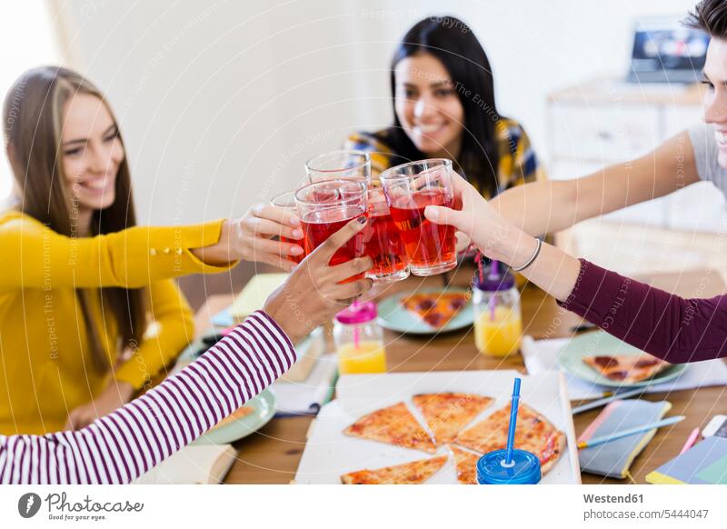 Gruppe junger Frauen zu Hause beim Anstoßen studieren weiblich Pizza Pizzen Glas Trinkgläser Gläser Trinkglas Zuhause daheim Studentin Studentinnen