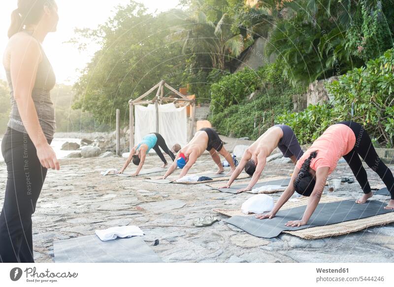 Mexiko, Mismaloya, Ausbilder mit Yogakurs an der Ozeanfront Meer Meere Küste Küstenlandschaft Kurs Trainerin Übungsleiterinnen Uebungsleiterinnen Trainerinnen