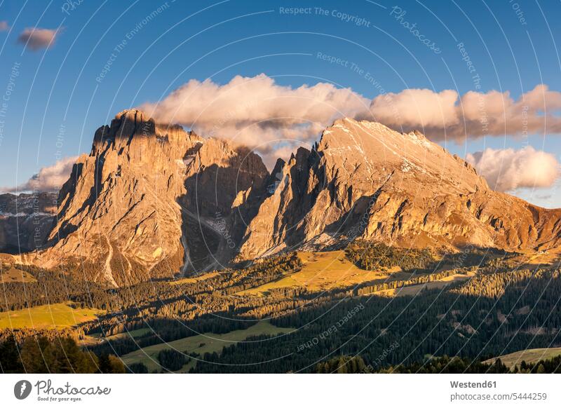 Italien, Südtirol, Seiser Alm, Langkofel und Plattkofel Aussicht Ausblick Ansicht Überblick Natur Außenaufnahme draußen im Freien Unesco Weltnaturerbe