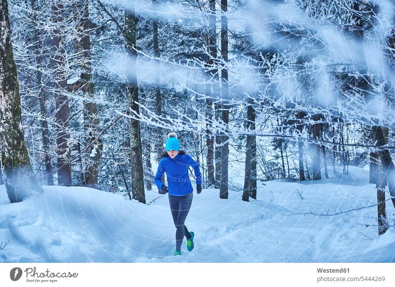 Deutschland, Bayern, Jochberg, Frau beim Joggen im Winterwald trainieren weiblich Frauen laufen rennen Jogging Erwachsener erwachsen Mensch Menschen Leute