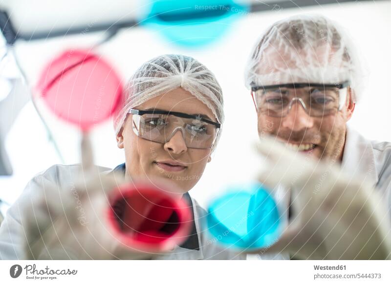 Zwei gemeinsam im Labor arbeitende Wissenschaftler betrachten Petrischalen Labore wissenschaftlich Wissenschaften Kollegen Arbeitskollegen lächeln Test testen