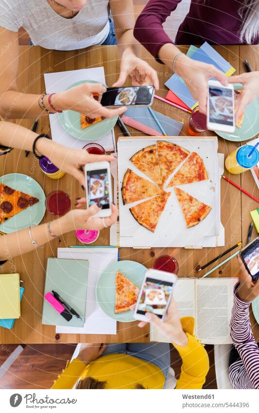 Gruppe junger Frauen zu Hause, die Handyfotos machen und sich eine Pizza teilen Pizzen studieren Studentin Studentinnen Hochschülerin Hochschülerinnen