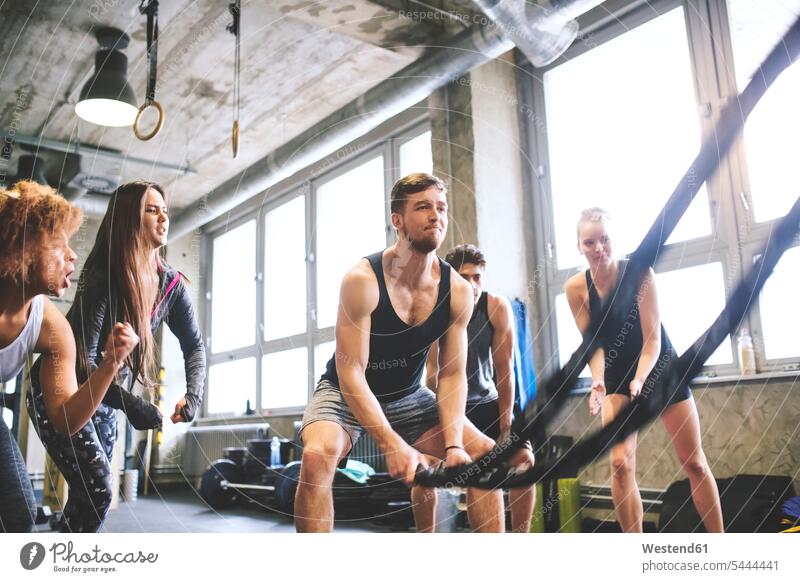 Gruppe junger fitter Menschen jubelt einem Mann zu, der mit Seilen in der Turnhalle trainiert trainieren Fitnessstudio Fitnessclubs Fitnessstudios Gesundheit
