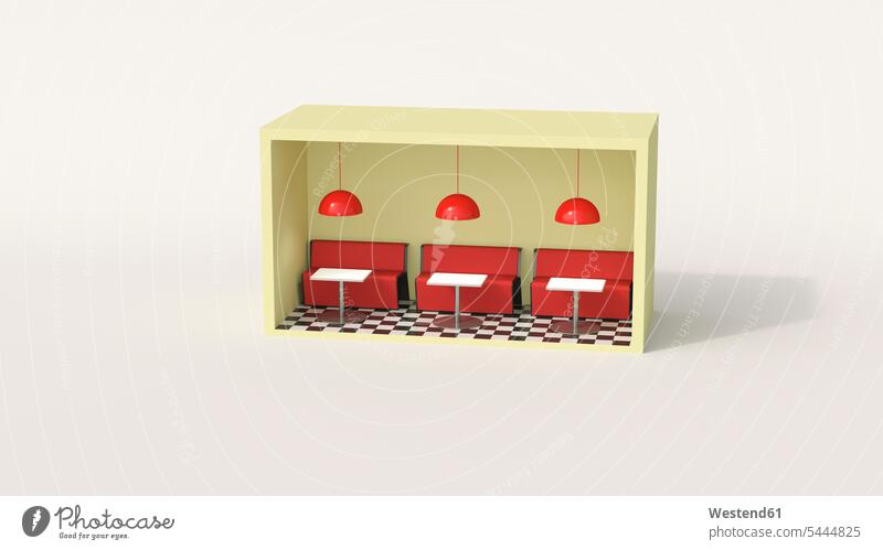 Modell eines Diners in einer Kiste weißer Hintergrund weisser Hintergrund Einrichtung Tisch Tische Kisten Box Boxen Schachtel Reihe aufgereiht in einer Reihe