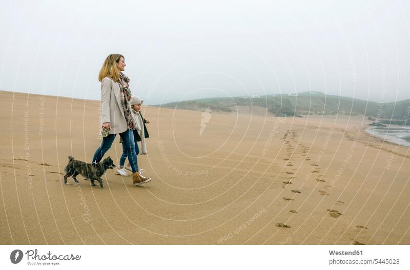 Frau geht mit Tochter und Hund an einem nebligen Wintertag am Strand spazieren Töchter Mutter Mami Mutti Mütter Mama Hunde Beach Straende Strände Beaches Kind