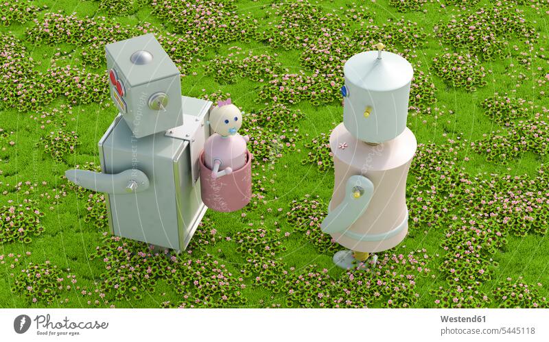 Roboterfamilie auf der Wiese, 3D-Rendering Paar Pärchen Paare Partnerschaft Symbolbild Symbolik ländliches Motiv nicht städtisch Konzept konzeptuell Konzepte