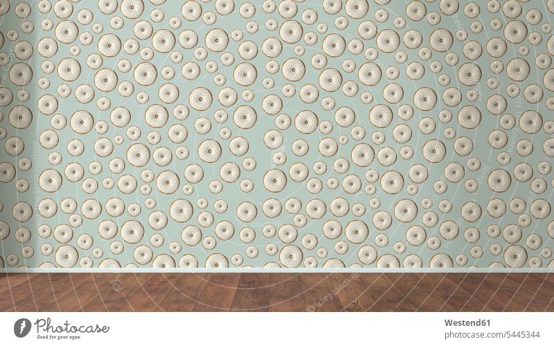 Tapete mit Doughnut-Muster und Holzboden, 3D-Rendering Fußleiste Fussleiste Donut Donuts Doughnuts unkonventionell Struktur Strukturen Wiederholung wiederholend