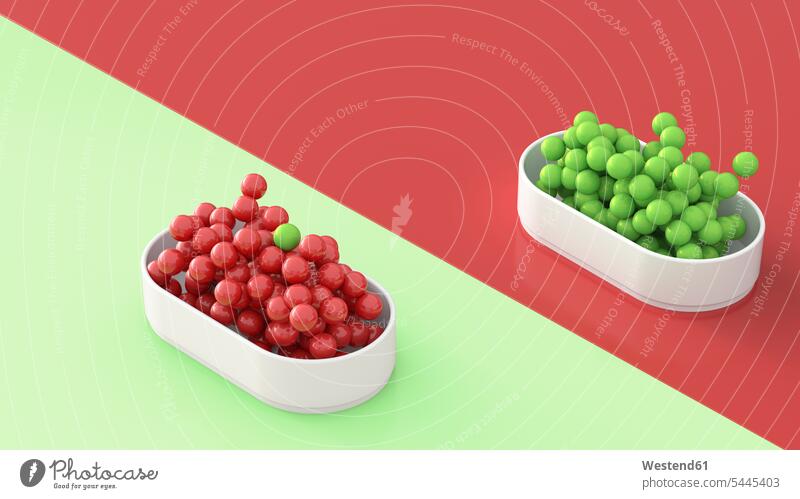 Grüne und rote Kugeln in Schalen, 3D-Rendering Schüssel Schälchen Schüsseln Gleichheit Gleichberechtigung Chancengleichheit Ähnlichkeit ähnlich treiben treibend