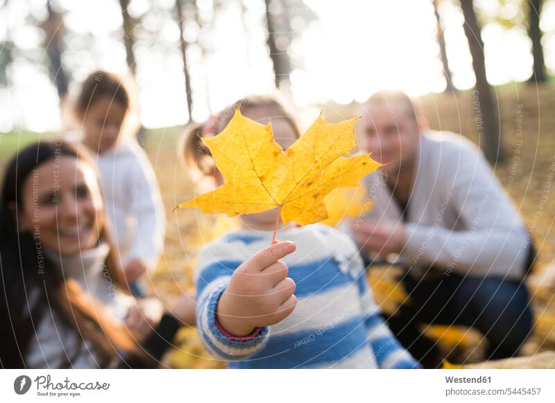 Mädchen mit ihrer Familie hält Herbstblatt glücklich Glück glücklich sein glücklichsein Wald Forst Wälder weiblich Herbstblaetter Herbstblätter Familien Kind
