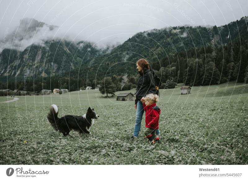 Österreich, Vorarlberg, Mellau, Mutter und Kleinkind mit Hund auf einem Ausflug in die Berge Hunde Wald Forst Wälder Tochter Töchter gehen gehend geht Mami