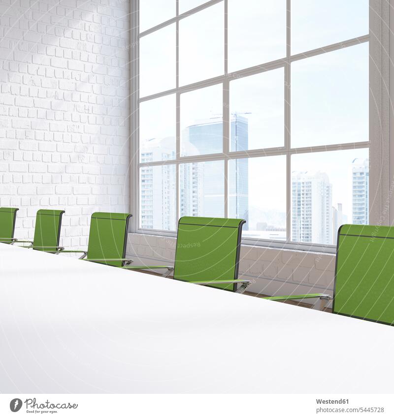 Leerer Konferenzraum mit Blick auf Wolkenkratzer, 3D-Rendering Niemand Business Geschäftsleben Geschäftswelt geschäftlich Idee Ideen Eingebung Bürostuhl