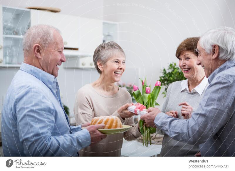 Zwei ältere Paare feiern Geburtstag überreichen ueberreichen uebergeben übergeben glücklich Glück glücklich sein glücklichsein Senioren alte Geburtstagsfeiern