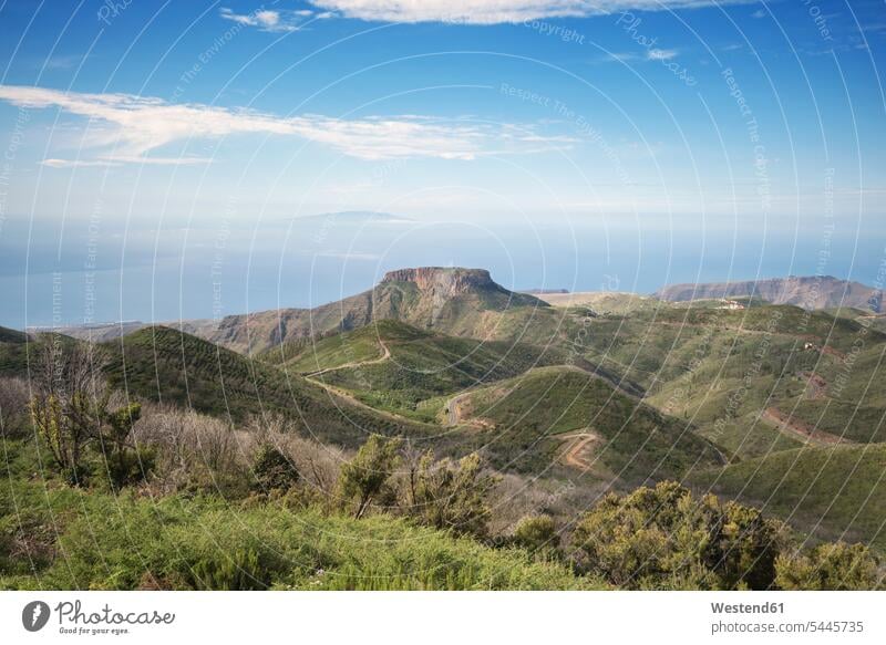 Spanien, Kanarische Inseln, La Gomera mit der Insel El Hierro im Hintergrund hoch Abgeschiedenheit Einsamkeit abgeschieden Textfreiraum Erhöhte Ansicht