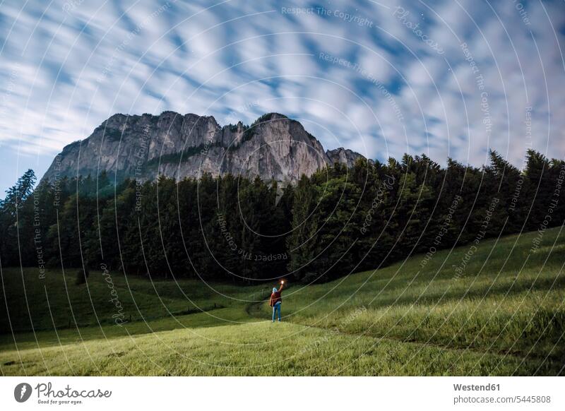 Österreich, Mondsee, Rückenansicht eines jungen Mannes mit Fackel auf einer Wiese bei Mondschein Männer männlich Erwachsener erwachsen Mensch Menschen Leute