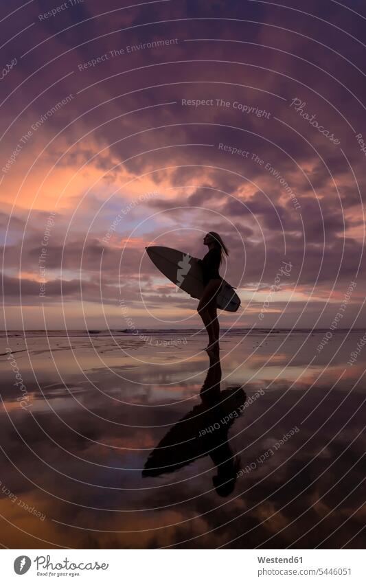 Indonesien, Bali, junge Frau mit Surfbrett stehen stehend steht Abend abends Silhouette Umriß Gegenlicht Schattenbilder Silhouetten Konturen Umriss Umrisse