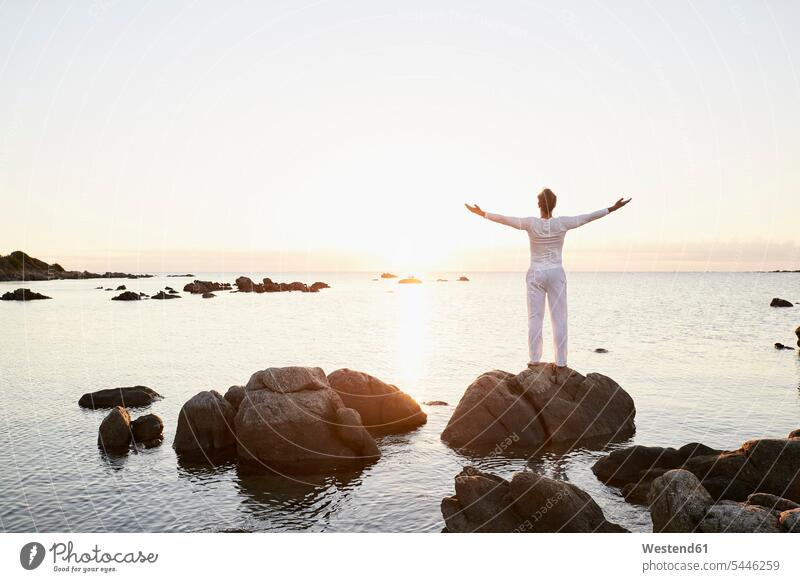 Rückenansicht eines Mannes, der bei Sonnenuntergang auf einem Felsen steht und auf das Meer schaut Meere Männer männlich Gewässer Wasser Erwachsener erwachsen