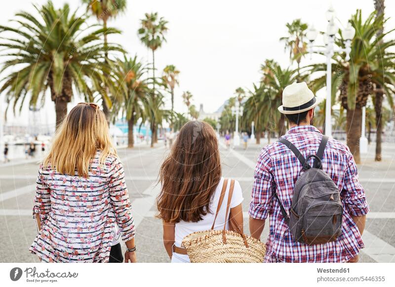 Spanien, Barcelona, Rückansicht von drei Touristen in der Stadt Freunde gehen gehend geht Freundschaft Kameradschaft Tourismus Urban städtisch Urbanität