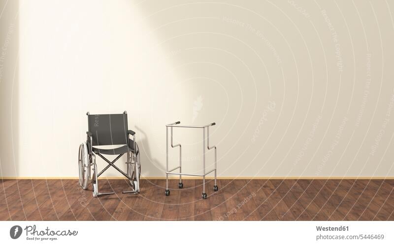 Rollstuhl und Rollator in einem Wartezimmer, 3D-Rendering Textfreiraum Abwesenheit menschenleer abwesend Soziale Themen Soziales Thema gesellschaftliche Themen