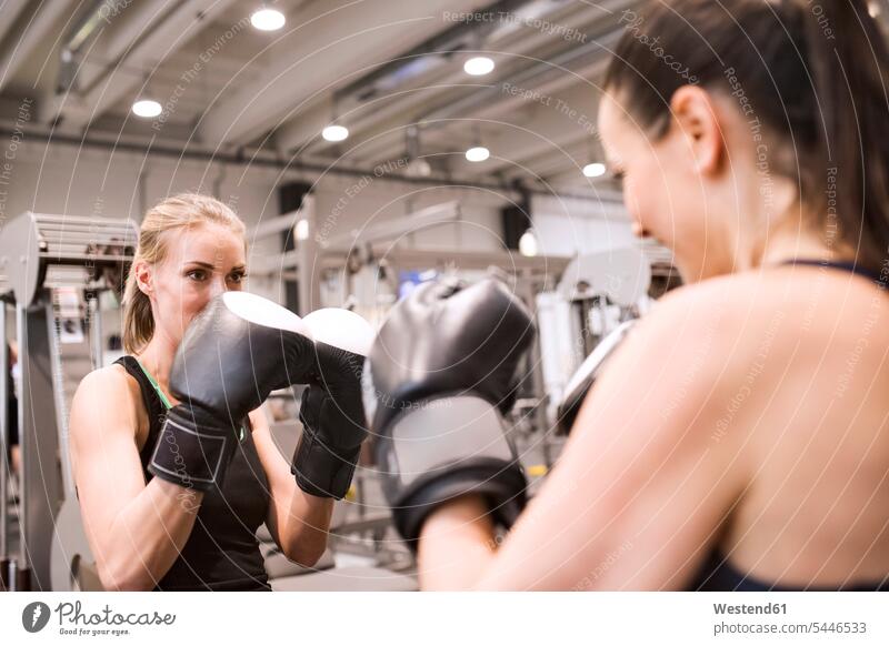 Junge Frauen boxen im Fitnessstudio Trainer Uebungsleiter Übungsleiter kämpfen kaempfen Boxerin Boxerinnen Wettkampf Wettkaempfe Wettstreit Wettkämpfe