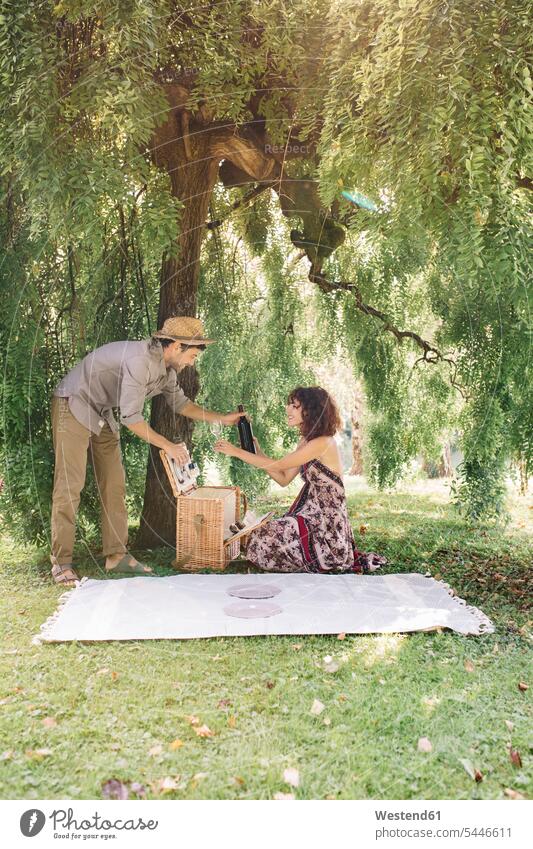 Ehepaar bereitet ein Picknick in einem Park vor Paar Pärchen Paare Partnerschaft Wein Weine picknicken Parkanlagen Parks lächeln Mensch Menschen Leute People
