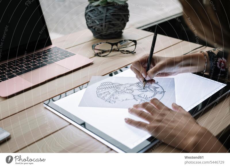 Handzeichenvorlage einer Frau auf Leuchttisch zeichnen Zeichnung Vorlage Entwurf Entwürfe Vorlagen Hände weiblich Frauen Mensch Menschen Leute People Personen