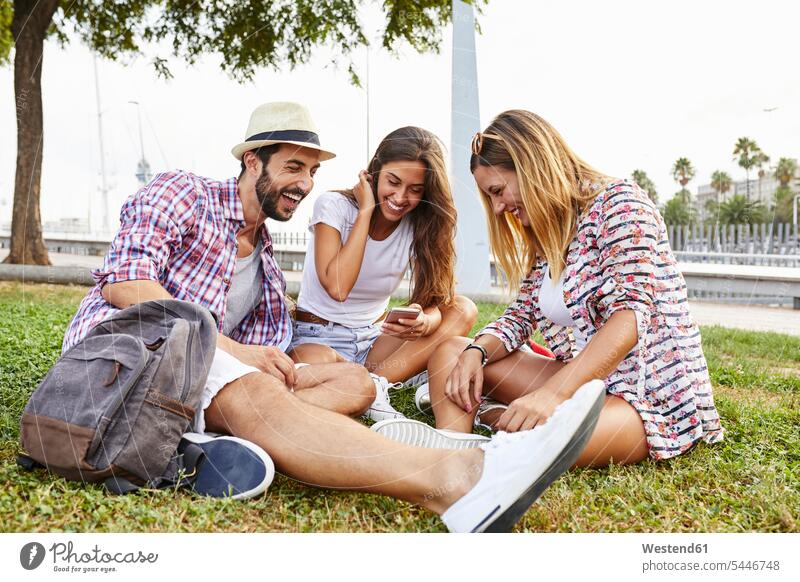 Drei glückliche Freunde sitzen im Park und teilen sich ein Smartphone lachen Handy Mobiltelefon Handies Handys Mobiltelefone Freundschaft Kameradschaft positiv