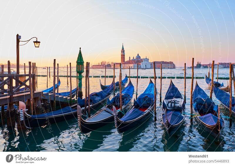 Italien, Venedig, Blick vom Markusplatz auf die Giudecca mit Gondeln Sehenswürdigkeit Sehenwürdigkeiten sehenswert historisch Morgendämmerung Morgenstimmung