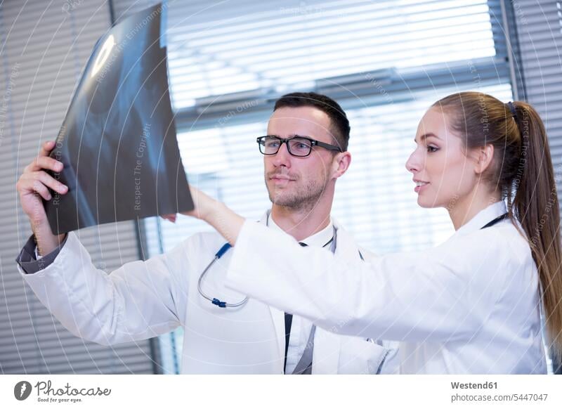 Zwei Ärzte diskutieren über Röntgenfilm Ärztin Aerztin Ärztinnen Doktorinnen Aerztinnen Arzt Doktoren besprechen Besprechung Röntgenbild Roentgenbild