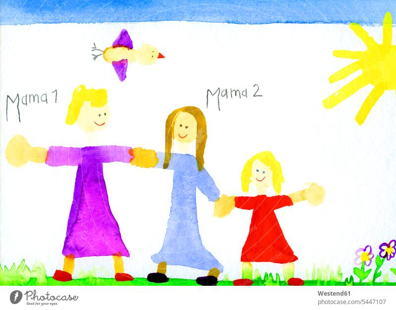 Kinderzeichnung eines lesbischen Paares und eines Mädchens Tochter Töchter weißer Hintergrund weisser Hintergrund queer Sonne menschliche Darstellung Rollenbild