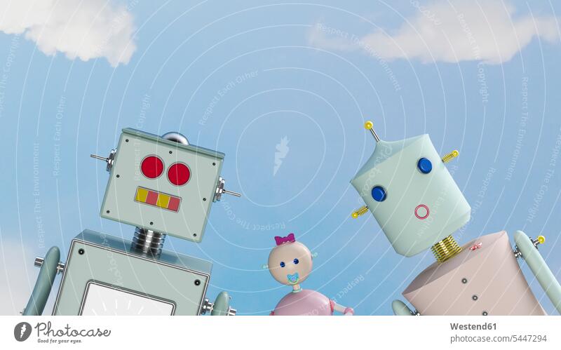 Portrait einer Roboterfamilie im Freien, 3D-Rendering Konzept konzeptuell Konzepte Blauer Himmel Männliche Darstellung Mann männlich futuristisch Zukunft Future