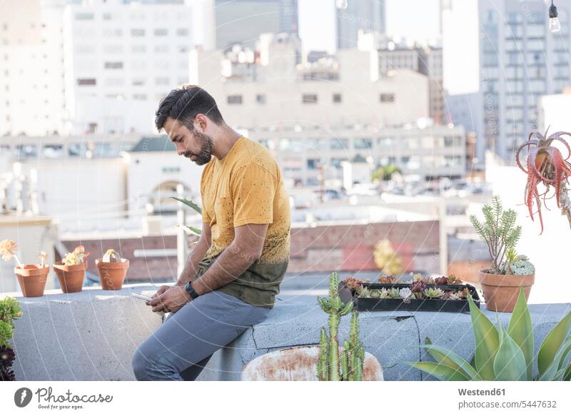 Junger Mann sitzt auf der Dachterrasse und hört Smartphone-Nachrichten ab Männer männlich Mitteilung Botschaft lesen Lektüre Handy Mobiltelefon Handies Handys