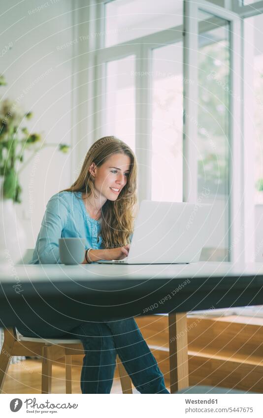 Junge Frau benutzt Laptop zu Hause Home Office homeoffice zuhause zuhause arbeiten arbeiten von zuhause Notebook Laptops Notebooks weiblich Frauen lächeln