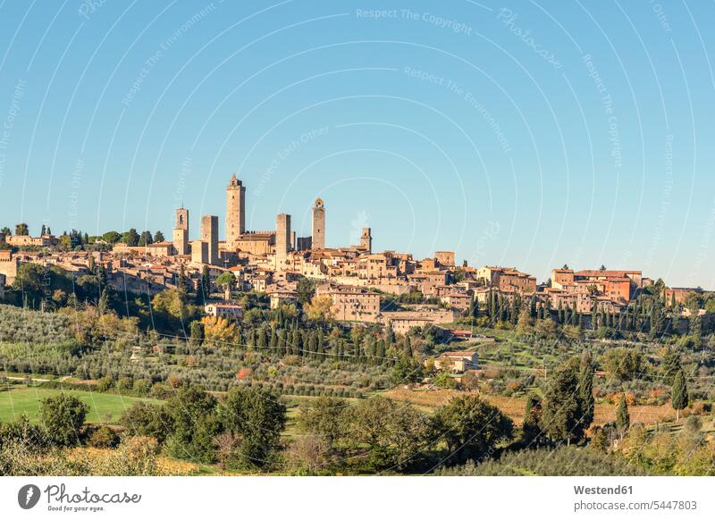 Italien, Toskana, San Gimignano, Stadtbild mit Geschlechtertürmen Stadtansicht Außenaufnahme draußen im Freien Architektur Baukunst Blick blicken Blicke Herbst