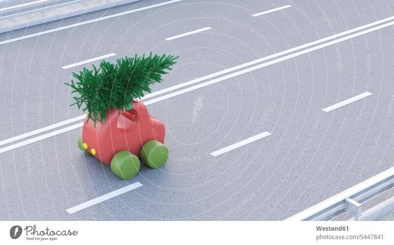 Spielzeugauto mit Weihnachtsbaum auf dem Dach Auto Autos Spielzeugautos Textfreiraum Autobahn Autobahnen Christbaum Weihnachtsbäume Weihnachtsbaeume Christbäume