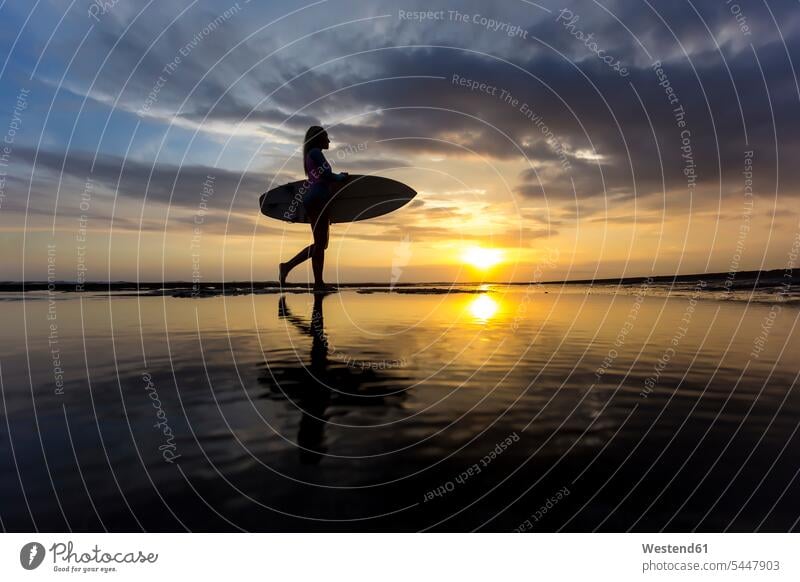 Indonesien, Bali, junge Frau mit Surfbrett bei Sonnenuntergang Freizeit Muße Abend abends Surfbretter surfboard surfboards weiblich Frauen Silhouette Umriß