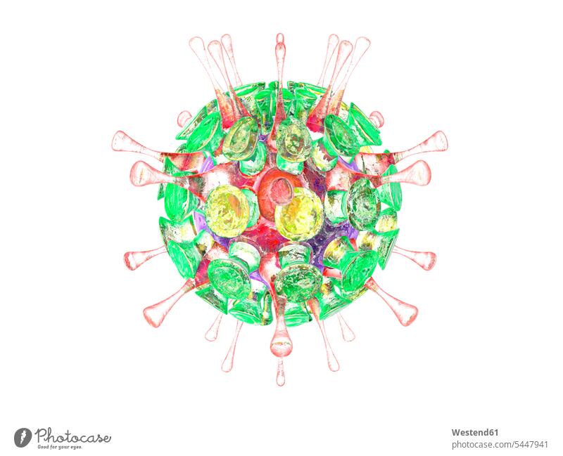 Grippe-Virus, 3D-Darstellung Form Formen Viren Gesundheitswesen Forschung Forschen Kugelform Kugelformen weißer Hintergrund weisser Hintergrund Makro