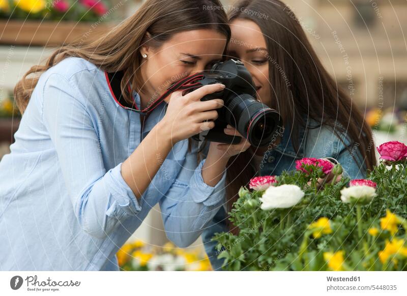 Freundinnen fotografieren Topfpflanzen am Blumenstand Blüte Gemeinsam Zusammen Miteinander Fotoapparat Kamera Fotokamera analog Pflanze Pflanzenwelt Flora