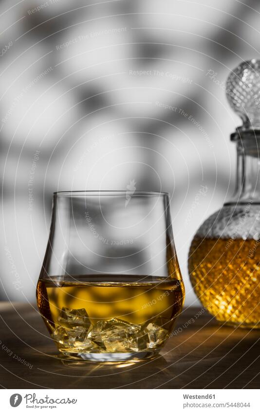 Tumbler mit Whisky und Eis Glas Trinkgläser Gläser Trinkglas Fokus Auf Den Vordergrund Fokus Auf Dem Vordergrund Textfreiraum Genuss genießen Genuß geniessen