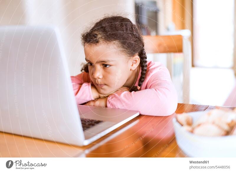 Kleines Mädchen am Laptop, am Tisch sitzend Tische Allein alleine einzeln Zuhause zu Hause daheim weiblich spielen sitzt Notebook Laptops Notebooks Kind Kinder