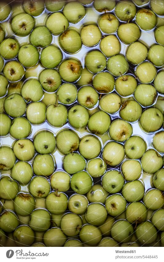 Grüne Äpfel im Wasser reinigen Draufsicht Vogelperspektive von oben Aufsicht Ware Handelswaren Waren Lebensmittelindustrie Ernährungsindustrie